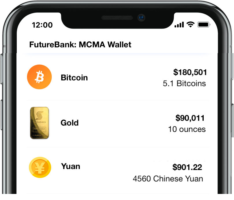 Mockup of an MCMA wallet showing gold, Bitcoin and Yuan