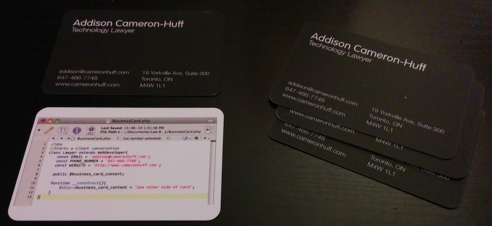 Photo of Addison Cameron-Huff's business cards for his law practice