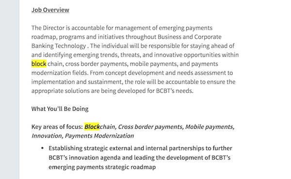 Screenshot of CIBC job ad that mentions Blockchain