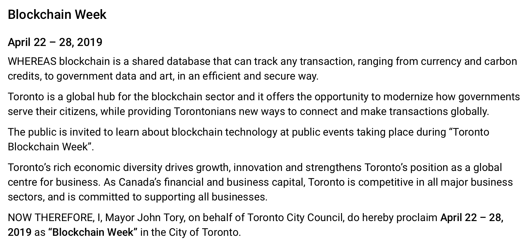 Official proclamation of Toronto Blockchain Week