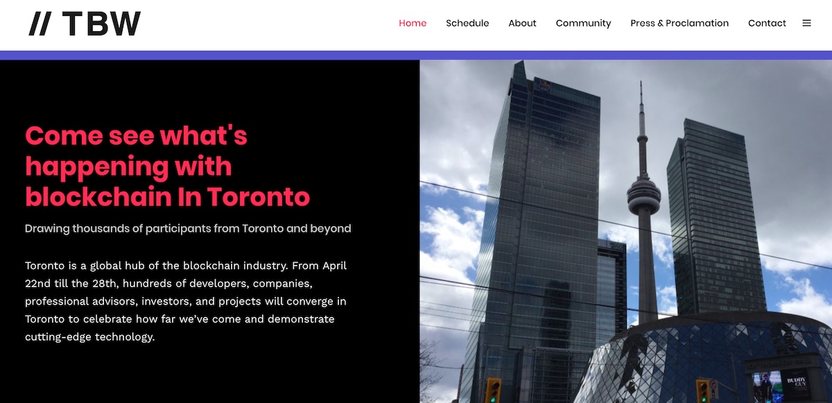 Screenshot of Toronto Blockchain Week website