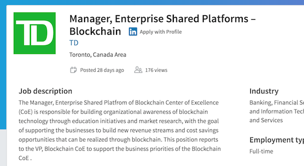 Screenshot of TD's ad for blockchain manager position