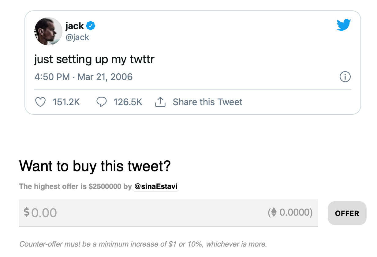 Jack Dorsey selling his first tweet as an NFT